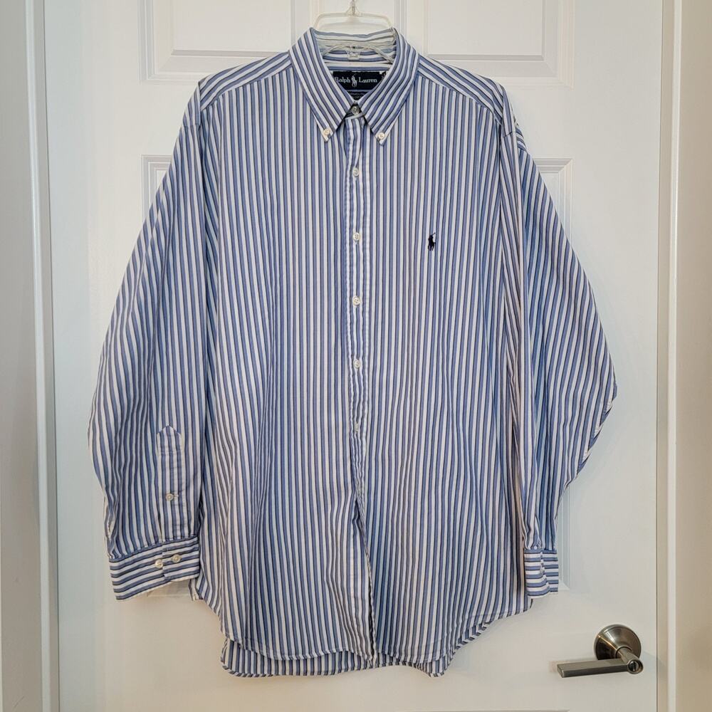 Vintage 90s Ralph Lauren Yarmouth Blue Striped Button Down Shirt Men's 17 34/35